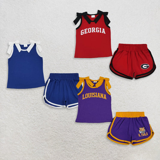 Sibling Baby Girls Kids Sleeveless Bows Cotton Shirts Shorts Sets Cheer Team Clothes