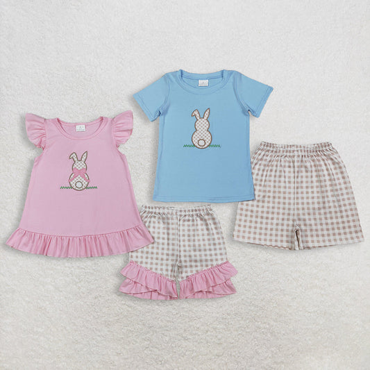 RTS Sibling Baby Boys Girls Short Sleeves Embroidery Rabbit Tops Plaid Shorts Easter Sets