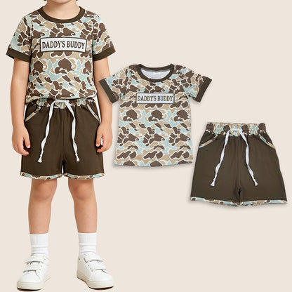 Baby Boys Embroidery Daddy's Buddy Green Brown Camo Shirt Pockets Shorts Clothes Set