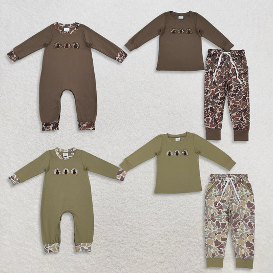 Sibling Baby Boys Kids Long Sleeves Embroidery turkey Camo Rompers Sets Thanksgiving Clothes