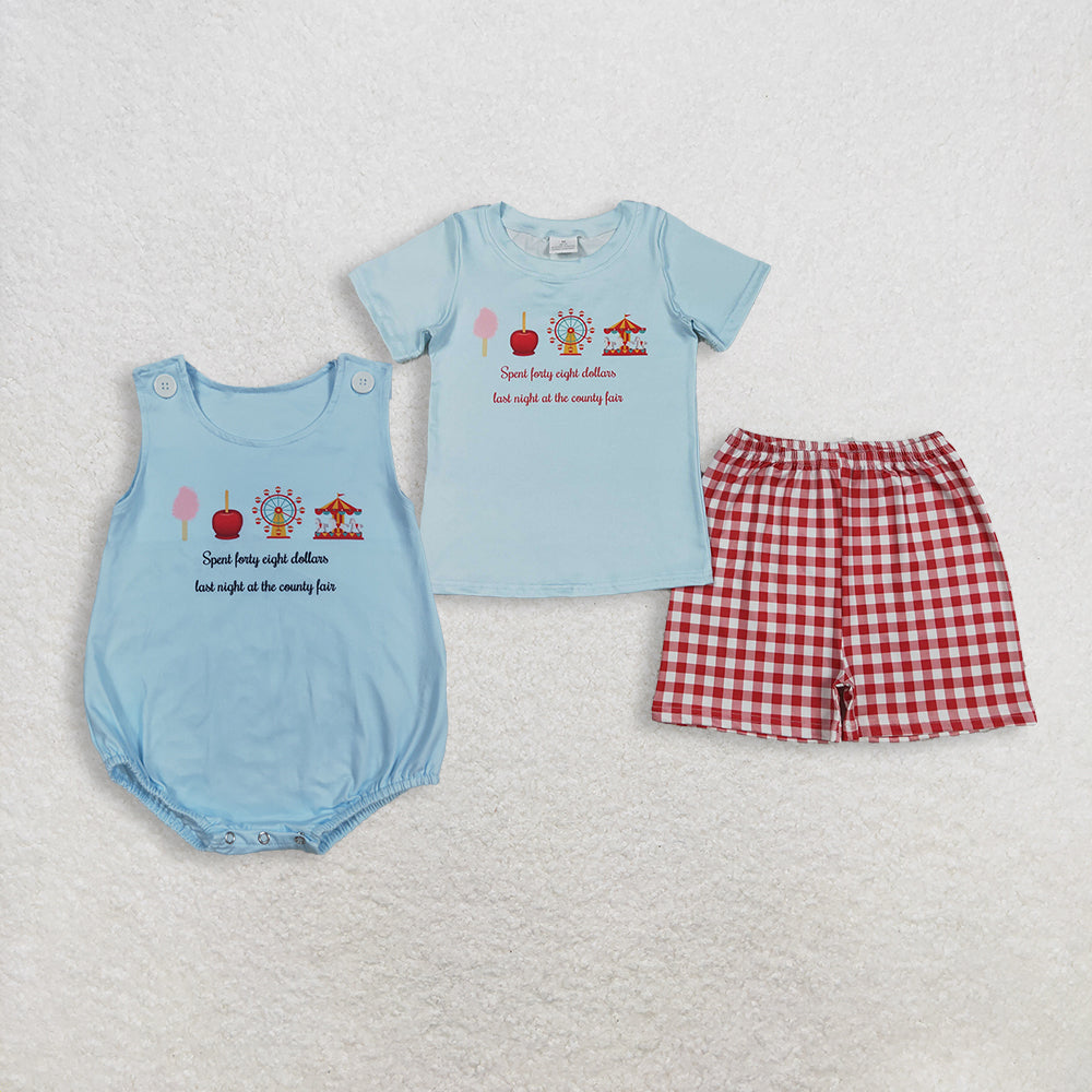 RTS Sibling Baby Boys Kids Short Sleeves Blue Shirt Red Plaid Shorts Set Bubble Romper