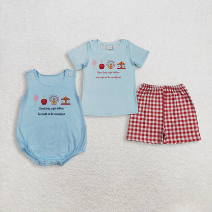 RTS Sibling Baby Boys Kids Short Sleeves Blue Shirt Red Plaid Shorts Set Bubble Romper
