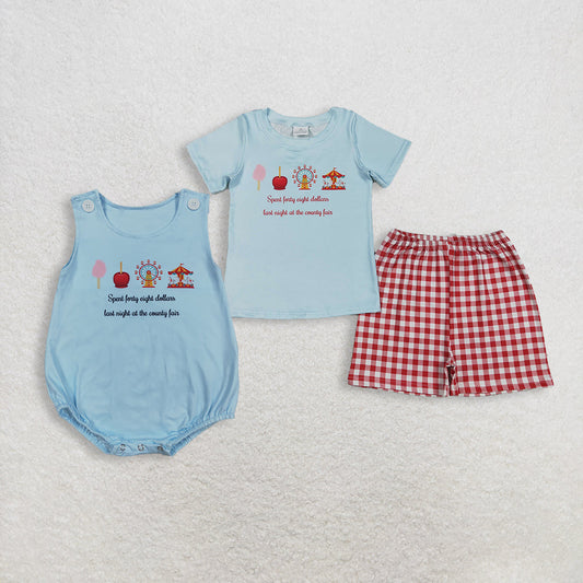 RTS Sibling Baby Boys Kids Short Sleeves Blue Shirt Red Plaid Shorts Set Bubble Romper