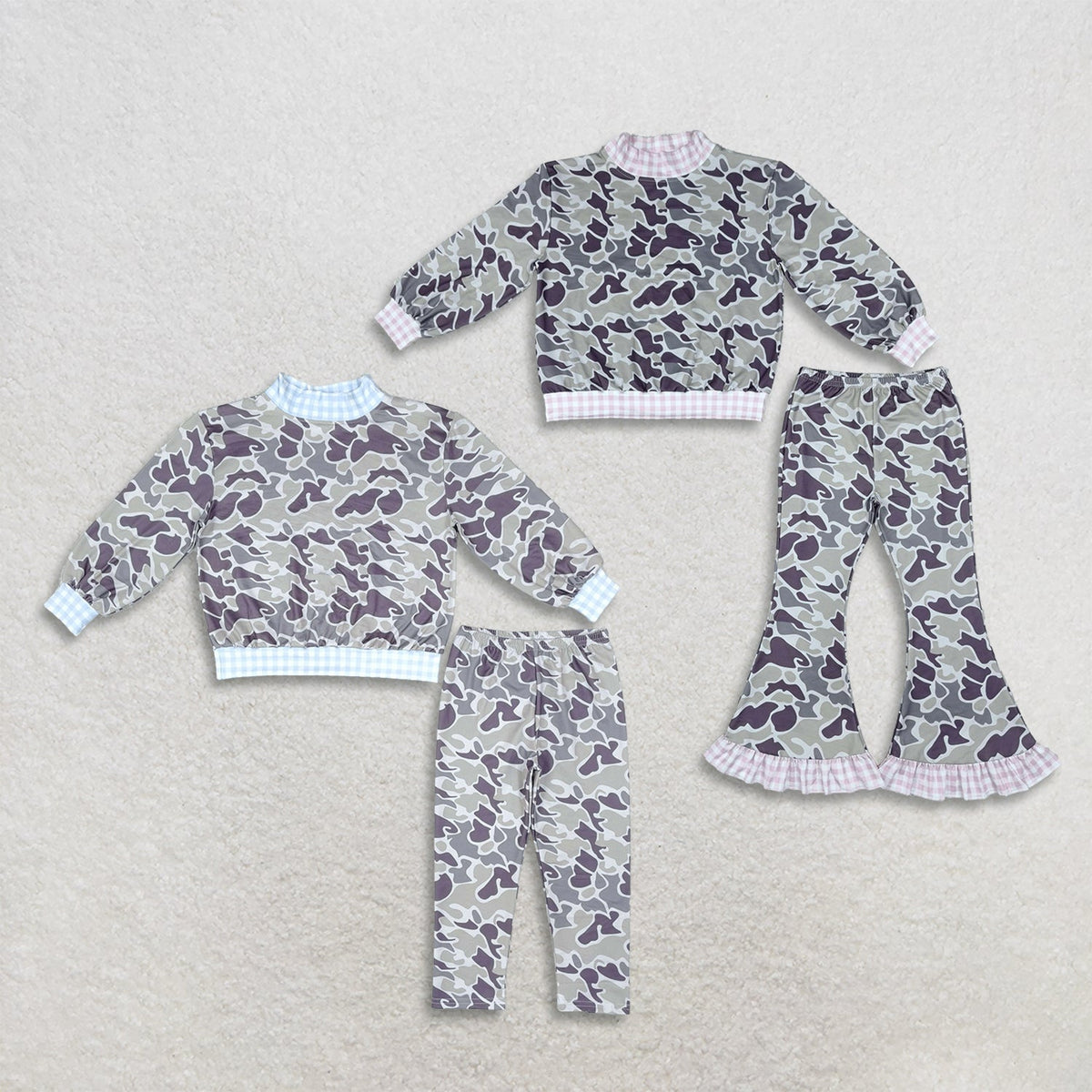 Sibling Baby Boys Girls Kids Long Sleeves Mock Neck‌ Shirts Camo Pants Sets Clothes