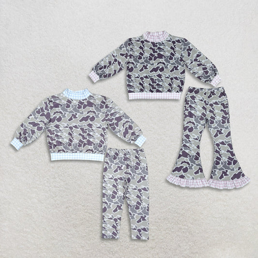 Sibling Baby Boys Girls Kids Long Sleeves Mock Neck‌ Shirts Camo Pants Sets Clothes