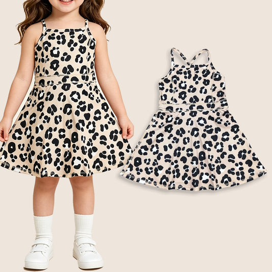 Baby Girls Kids Sleeveless Leopard Yoga Shorts Knee Length Dress