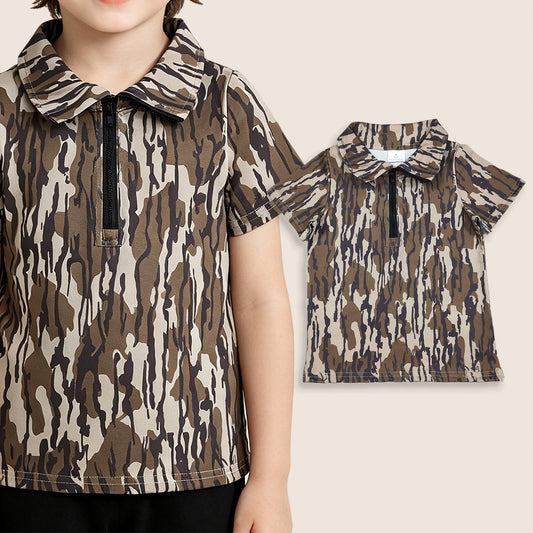 Baby Boys Kids Short Sleeves Camo Zipper Pullover Shirt Tops Southern Clothes