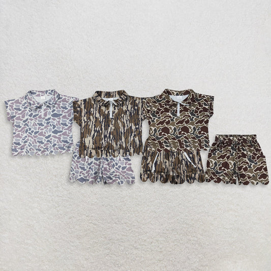 Sibling Baby Girls Kids Short Sleeves Camo Zipper Shirts Scallop Shorts Sets Clothes