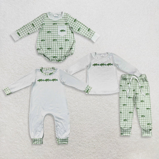 Sibling Baby Boys Infant Long Sleeves Fish Green Plaid Rompers Set Clothes