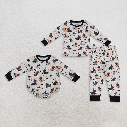 Sibling Baby Boys Kids Long Sleeves Halloween Pumpkins Dogs Romper Set Pajamas Clothes