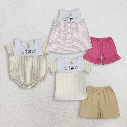 RTS Sibling Baby Boys Girls Embroidery Cross Tops Shorts Easter Sets Romper Clothes