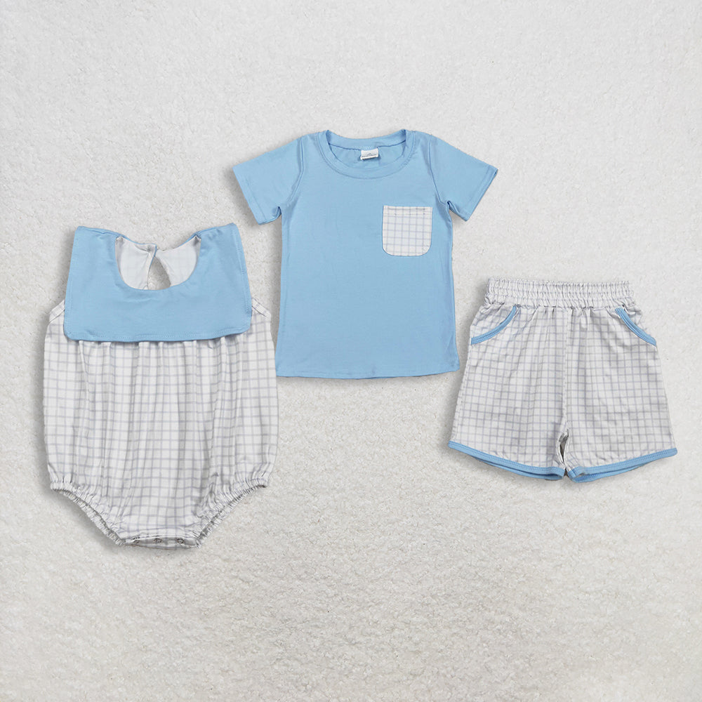 RTS Sibling Baby Boys Kids Blue Short Sleeves Shirt Plaid Pockets Shorts Clothes Summer Romper Set