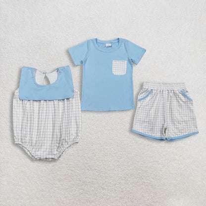 RTS Sibling Baby Boys Kids Blue Short Sleeves Shirt Plaid Pockets Shorts Clothes Summer Romper Set