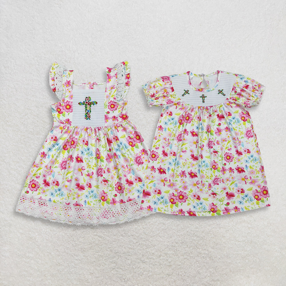 RTS Sibling Baby Girls Kids Short Sleeves Embroidery Crosses Flower Easter Knee Length Dresses