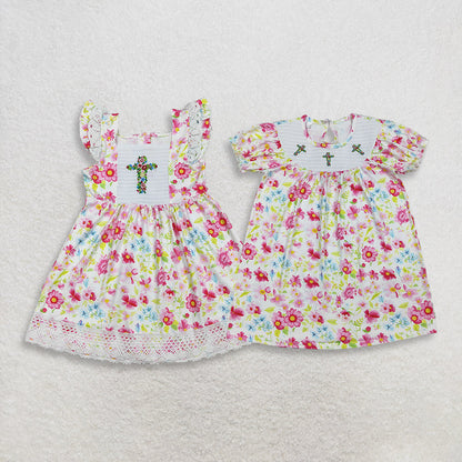 RTS Sibling Baby Girls Kids Short Sleeves Embroidery Crosses Flower Easter Knee Length Dresses