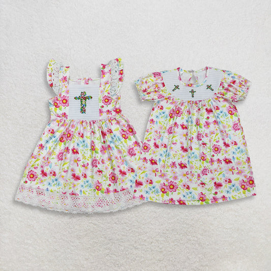 RTS Sibling Baby Girls Kids Short Sleeves Embroidery Crosses Flower Easter Knee Length Dresses