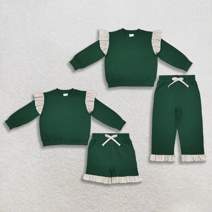 Sibling Baby Girls Kids Long Sleeves Green Tops Bottoms Cotton Sets Clothes