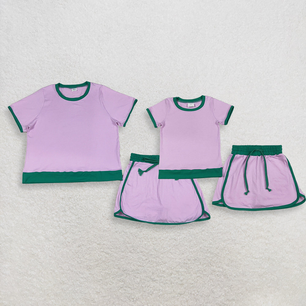 Sibling Baby Girls Adult Women Short Sleeves Purple Cotton Shirts Skirts Shorts Sets Summer Clothes