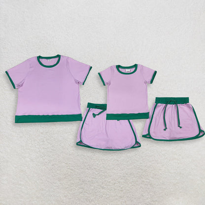 Sibling Baby Girls Adult Women Short Sleeves Purple Cotton Shirts Skirts Shorts Sets Summer Clothes