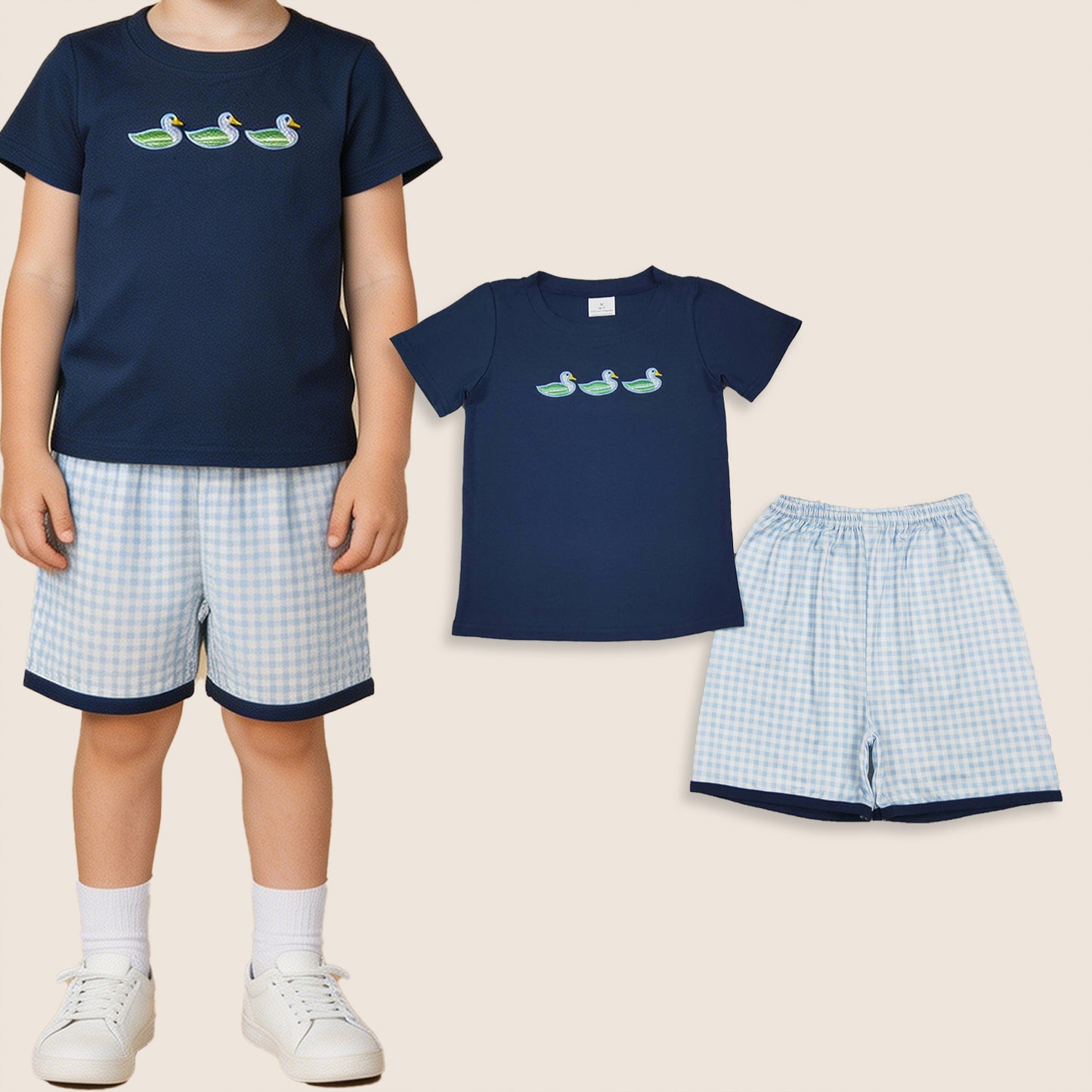 Baby Boys Kids Short Sleeves Embroidery Ducks Shirt Blue Plaid Shorts Summer Set