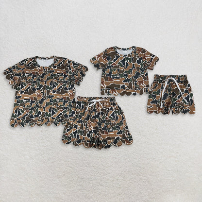 Sibling Baby Girls Adult Women Short Sleeves Brown Camo Shirts Shorts Scallop Sets Summer Clothes