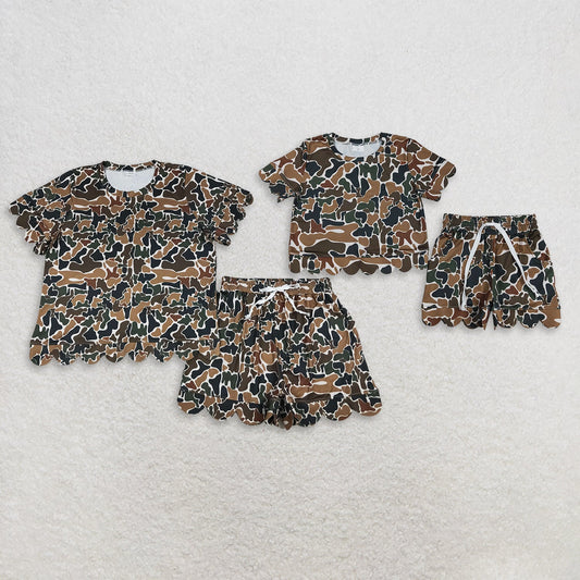 Sibling Baby Girls Adult Women Short Sleeves Brown Camo Shirts Shorts Scallop Sets Summer Clothes