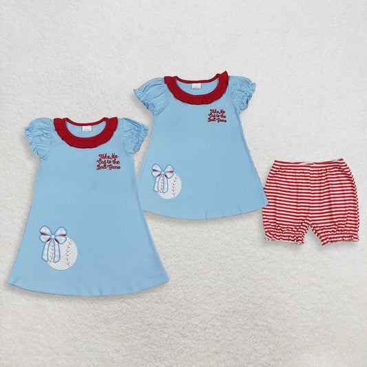 RTS Sibling Baby Girls Kids Embroidery Baseball Bows Blue Tops Stripes Shorts Set Dress Clothes