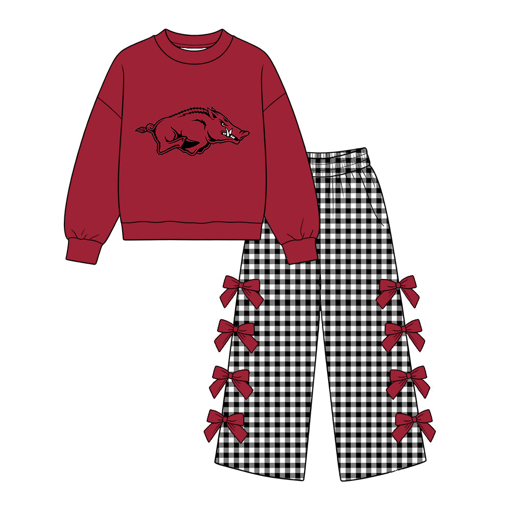 Moq 5 Custom Baby Girls Kids Long Sleeves Shirt Plaid Bows Pants Team Set Clothes