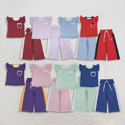 Sibling Baby Girl Kids Short Sleeves Pockets Shirts Dots Pants Sets Clothes