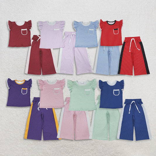Sibling Baby Girl Kids Short Sleeves Pockets Shirts Dots Pants Sets Clothes