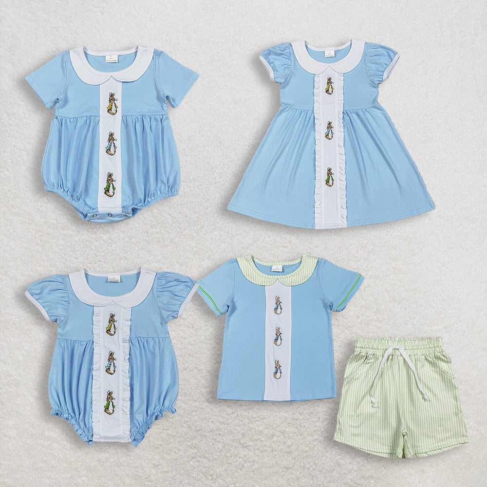 RTS Sibling Baby Boys Girls Embroidery Rabbits Blue Rompers Sets Easter Clothes