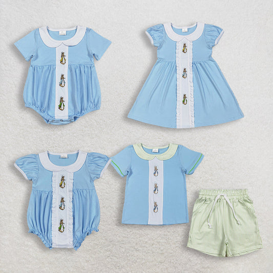 RTS Sibling Baby Boys Girls Embroidery Rabbits Blue Rompers Sets Easter Clothes