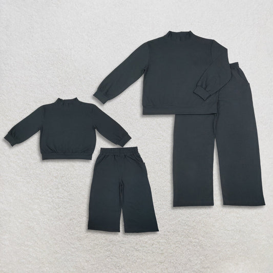 Sibling Baby Girls Adult Women Long Sleeves Black Shirts Pockets Pants Cotton Sets