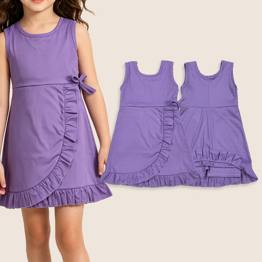Baby Girls Kids Sleeveless Shorts Knee Length Purple Ruffle Dress Clothes