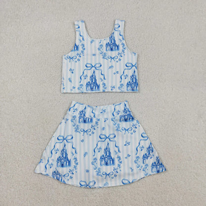 Baby Girls Kids Sleeveless Castles Blue Bows Flower Sibling Yoga Active Skort Dress Set