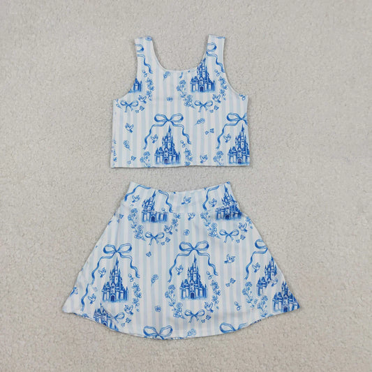 Baby Girls Kids Sleeveless Castles Blue Bows Flower Sibling Yoga Active Skort Dress Set