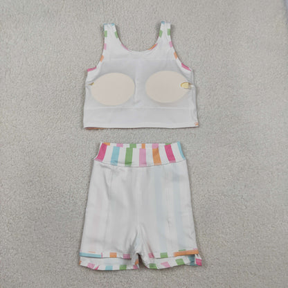 RTS Baby Girls Kids Sleeveless Colorful Stripes Shirt Shorts Skirt Skort Yoga Active Clothes Set
