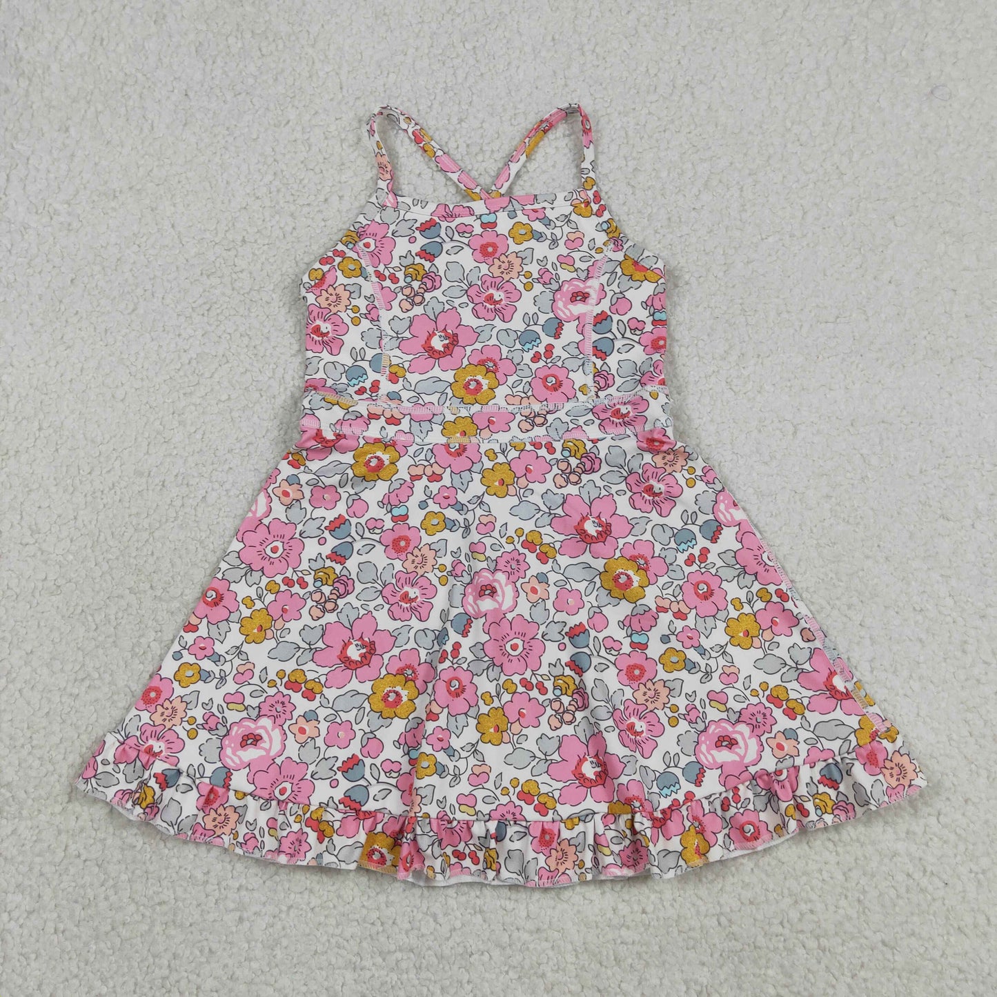 GSD2278 Baby Girls Kids Sleeveless Flower Shorts Knee Length Dress Yoga Pink Clothes