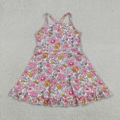 GSD2278 Baby Girls Kids Sleeveless Flower Shorts Knee Length Dress Yoga Pink Clothes