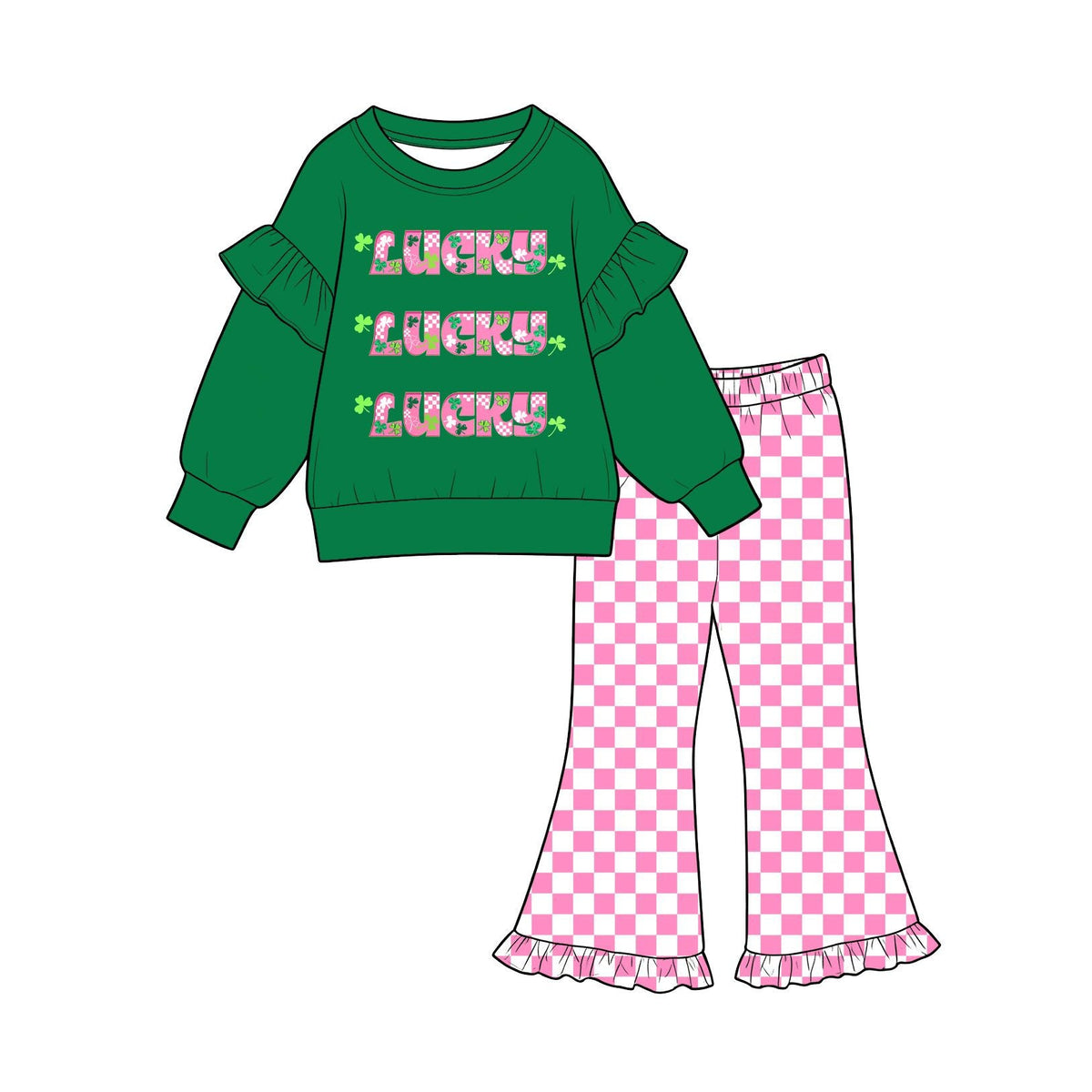 Moq 5 Preorder Baby Girls Kids Clovers Green Shirt Checked Pants Set St Patrick Clothes
