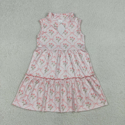 RTS Baby Girls Kids Sleeveless Pink Bows Flower Ruffle Knee Length Dress