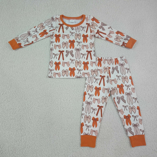 Baby Girls Kids Long Sleeves Brown Bows Shirt Pants Set Pajamas Clothes