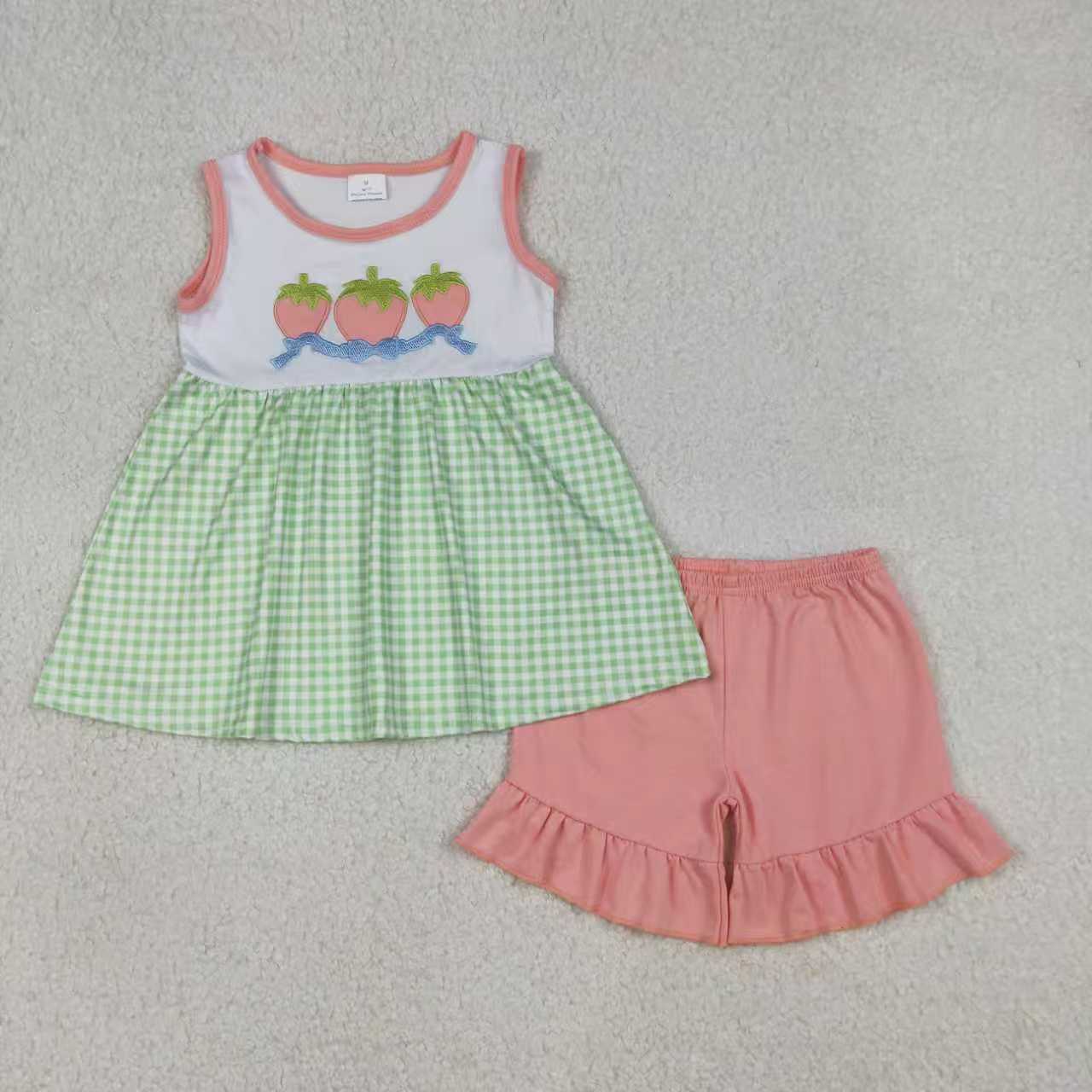 RTS Sibling Baby Girls Sleeveless Embroidery Strawberry Bows Green Plaid Bubble Romper Set
