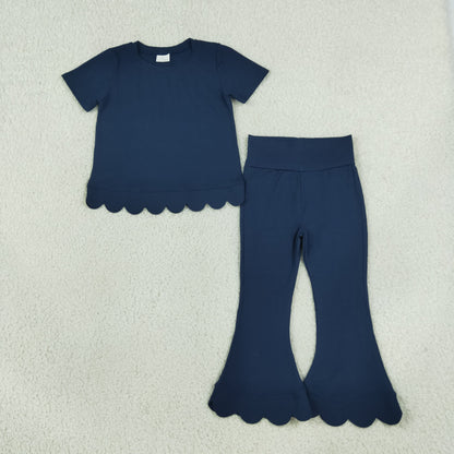 Baby Girls Kids Short Sleeves Navy Shirt Pants Scallop Set Clothes