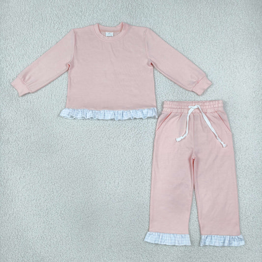 Baby Girls Kids Long Sleeves Ruffle Shirt Pants Light Pink Set Cotton Clothes