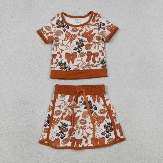 Baby Girls Toddler Short Sleeves Cow Bows Football Team Shirt Shorts Yoga Brown Set