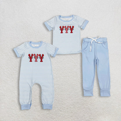 Sibling Baby Boys Kids Short Sleeves Embroidery Crawfish Blue Stripes Romper Set