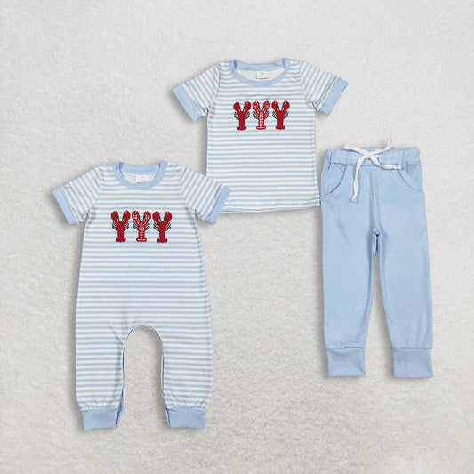 Sibling Baby Boys Kids Short Sleeves Embroidery Crawfish Blue Stripes Romper Set