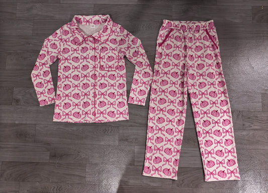 No moq Preorder Adult Women Pumpkins Pink Bows Buttons Shirt Pockets Pants Pajamas Set Fall Clothes