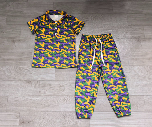 No moq Preorder Baby Boys Kids Short Sleeves Buttons Shirt Pockets Camo Pants Mardi Gras Set Clothes